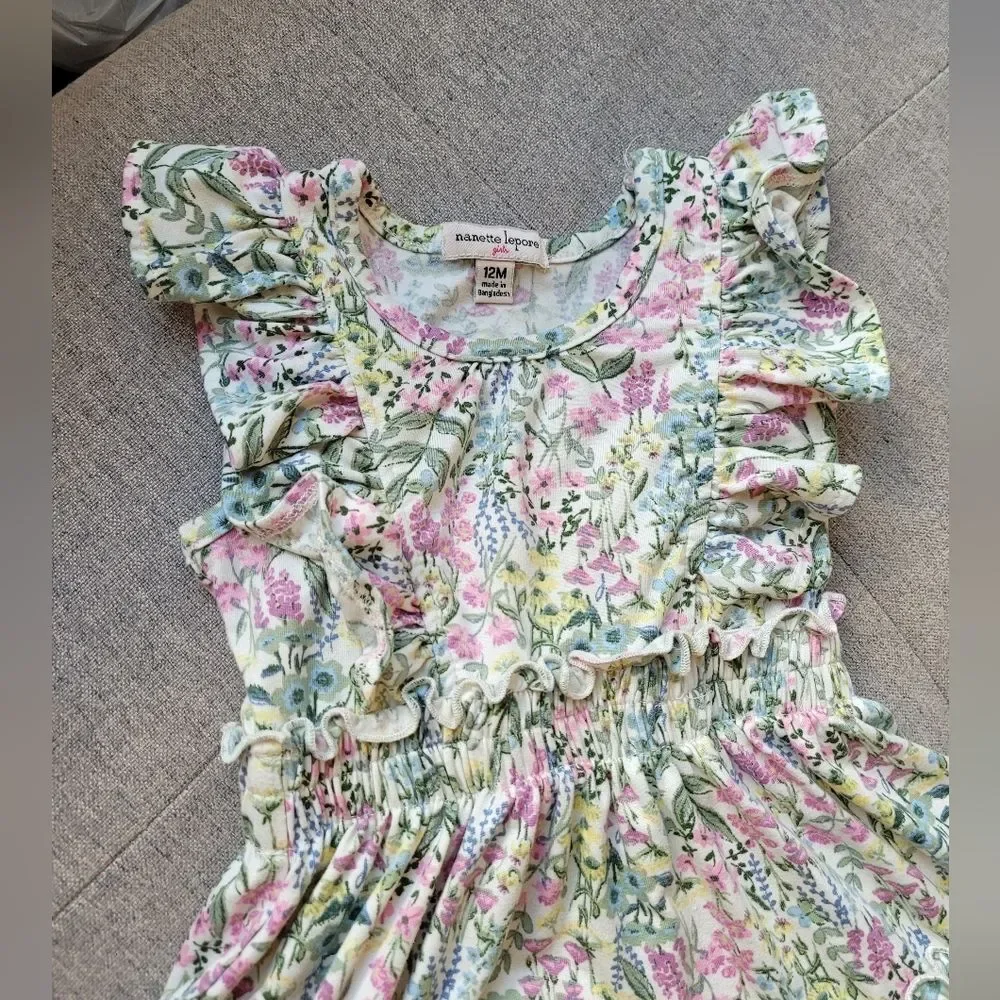 Nanette Lepore Girls 12 Month Dress Smocked Floral Sleeveless Ruffle Cottagecore